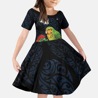 New Zealand Kakapo Matariki Personalised Family Matching Off Shoulder Maxi Dress and Hawaiian Shirt Pohutukawa Flower Galaxy Maori Pattern LT22 Daughter's Dress Black - Polynesian Pride