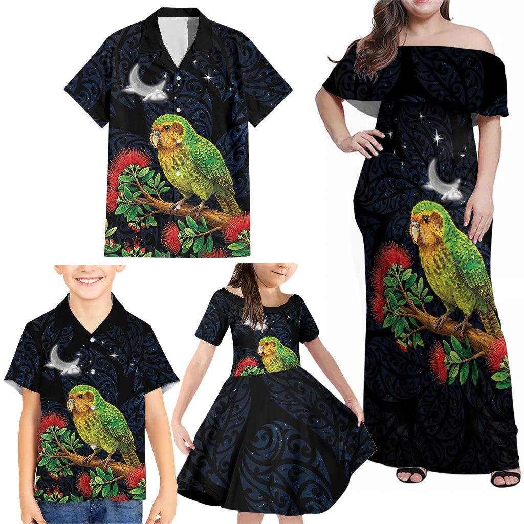 New Zealand Kakapo Matariki Personalised Family Matching Off Shoulder Maxi Dress and Hawaiian Shirt Pohutukawa Flower Galaxy Maori Pattern LT22 - Polynesian Pride