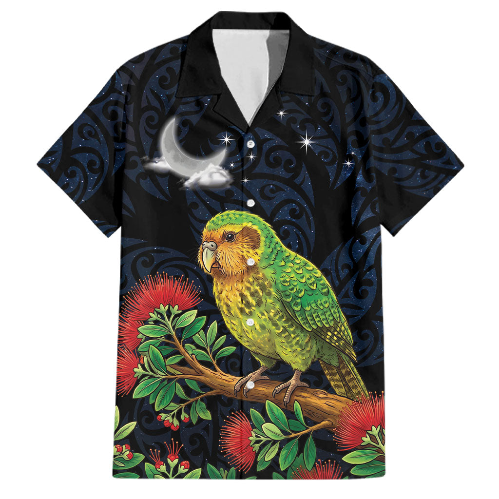 New Zealand Kakapo Matariki Personalised Family Matching Off Shoulder Maxi Dress and Hawaiian Shirt Pohutukawa Flower Galaxy Maori Pattern LT22 Dad's Shirt - Short Sleeve Black - Polynesian Pride