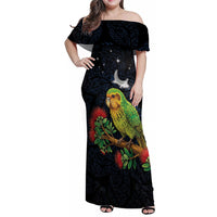 New Zealand Kakapo Matariki Personalised Family Matching Off Shoulder Maxi Dress and Hawaiian Shirt Pohutukawa Flower Galaxy Maori Pattern LT22 Mom's Dress Black - Polynesian Pride