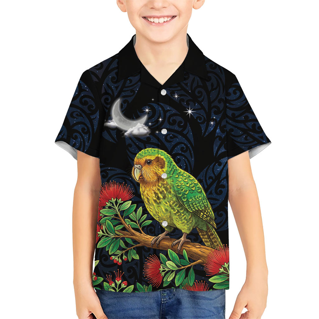 New Zealand Kakapo Matariki Personalised Family Matching Off Shoulder Maxi Dress and Hawaiian Shirt Pohutukawa Flower Galaxy Maori Pattern LT22 Son's Shirt Black - Polynesian Pride