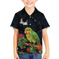 New Zealand Kakapo Matariki Personalised Family Matching Off Shoulder Maxi Dress and Hawaiian Shirt Pohutukawa Flower Galaxy Maori Pattern LT22 Son's Shirt Black - Polynesian Pride