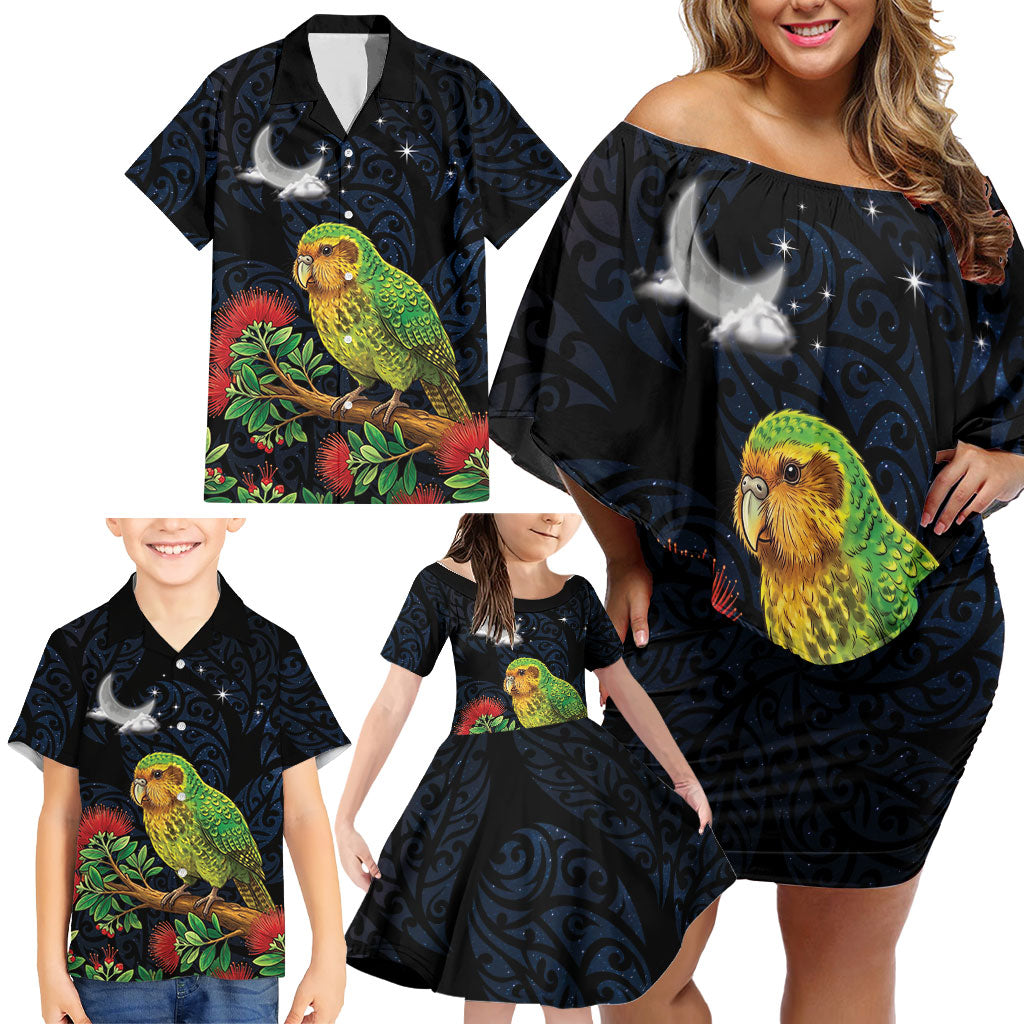 New Zealand Kakapo Matariki Personalised Family Matching Off Shoulder Short Dress and Hawaiian Shirt Pohutukawa Flower Galaxy Maori Pattern
