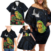 New Zealand Kakapo Matariki Personalised Family Matching Off Shoulder Short Dress and Hawaiian Shirt Pohutukawa Flower Galaxy Maori Pattern