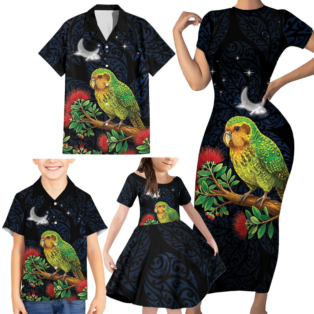New Zealand Kakapo Matariki Personalised Family Matching Short Sleeve Bodycon Dress and Hawaiian Shirt Pohutukawa Flower Galaxy Maori Pattern