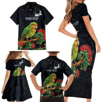 New Zealand Kakapo Matariki Personalised Family Matching Short Sleeve Bodycon Dress and Hawaiian Shirt Pohutukawa Flower Galaxy Maori Pattern