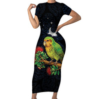 New Zealand Kakapo Matariki Personalised Family Matching Short Sleeve Bodycon Dress and Hawaiian Shirt Pohutukawa Flower Galaxy Maori Pattern
