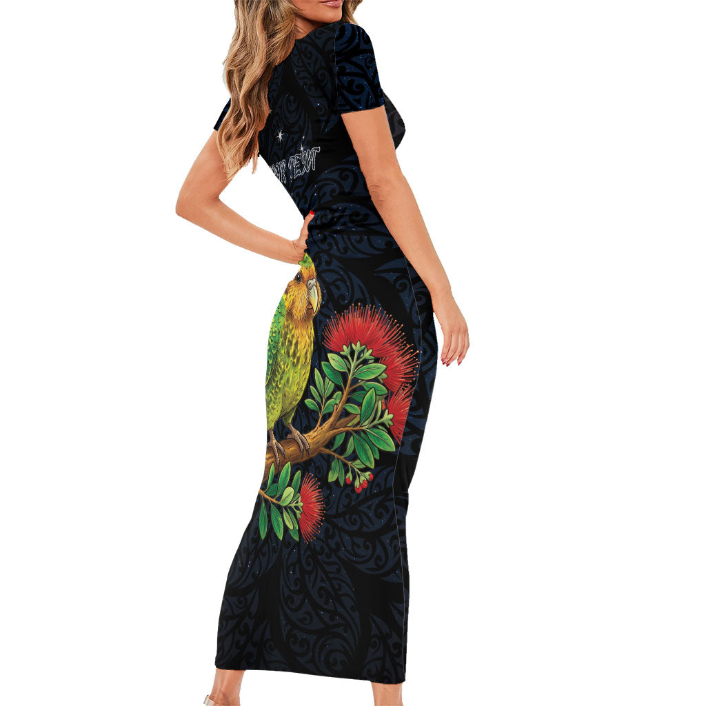 New Zealand Kakapo Matariki Personalised Family Matching Short Sleeve Bodycon Dress and Hawaiian Shirt Pohutukawa Flower Galaxy Maori Pattern