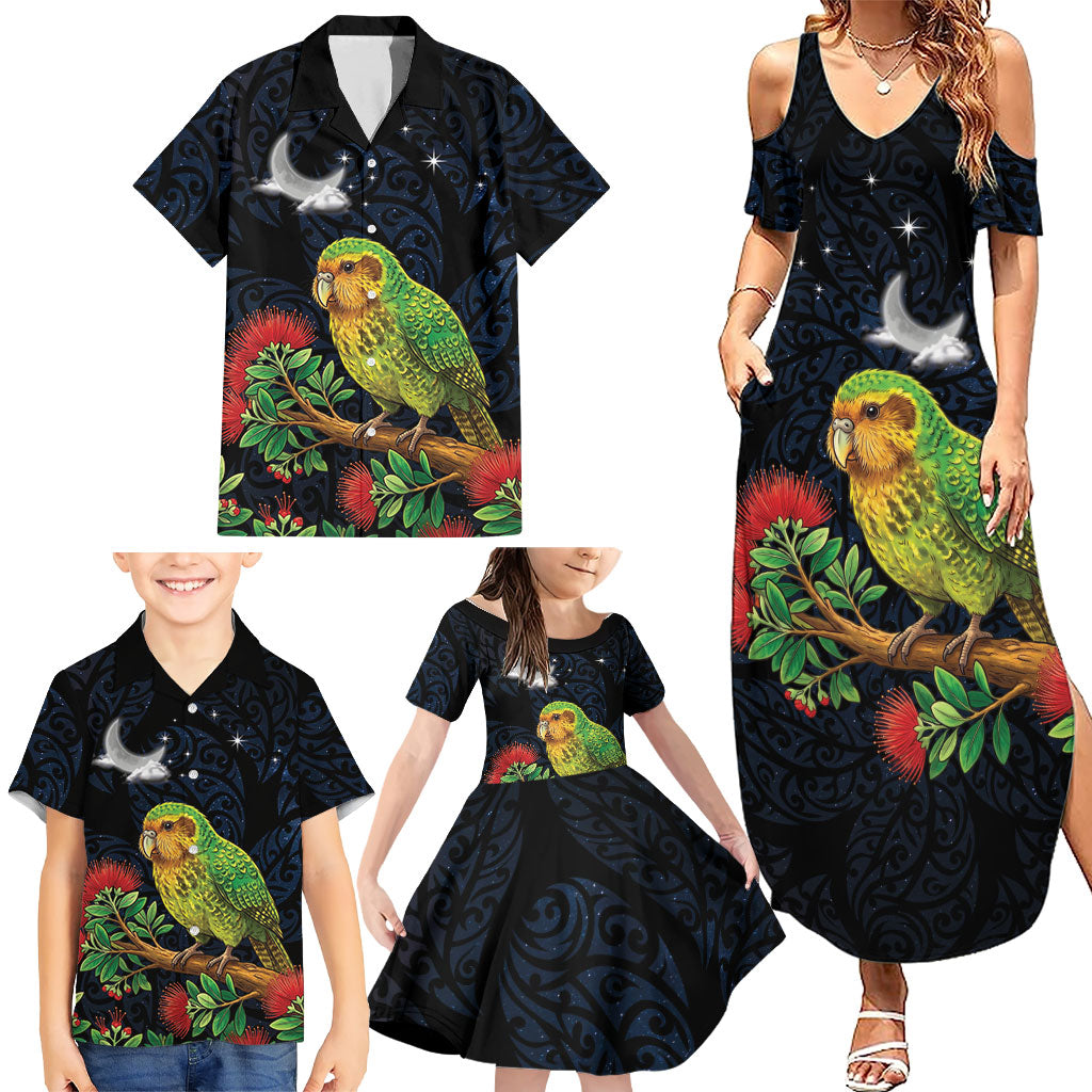 New Zealand Kakapo Matariki Personalised Family Matching Summer Maxi Dress and Hawaiian Shirt Pohutukawa Flower Galaxy Maori Pattern