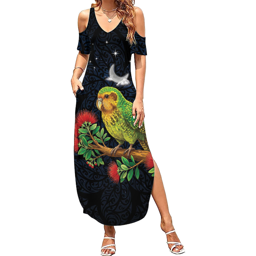 New Zealand Kakapo Matariki Personalised Family Matching Summer Maxi Dress and Hawaiian Shirt Pohutukawa Flower Galaxy Maori Pattern