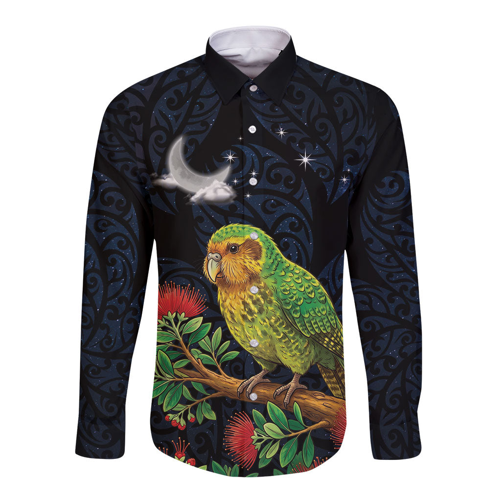 New Zealand Kakapo Matariki Personalised Long Sleeve Button Shirt Pohutukawa Flower Galaxy Maori Pattern