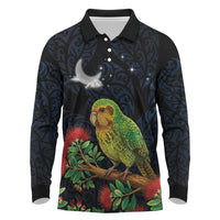 New Zealand Kakapo Matariki Personalised Long Sleeve Polo Shirt Pohutukawa Flower Galaxy Maori Pattern LT22 Black - Polynesian Pride