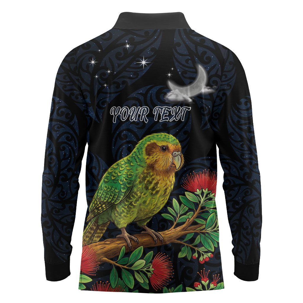 New Zealand Kakapo Matariki Personalised Long Sleeve Polo Shirt Pohutukawa Flower Galaxy Maori Pattern LT22 - Polynesian Pride
