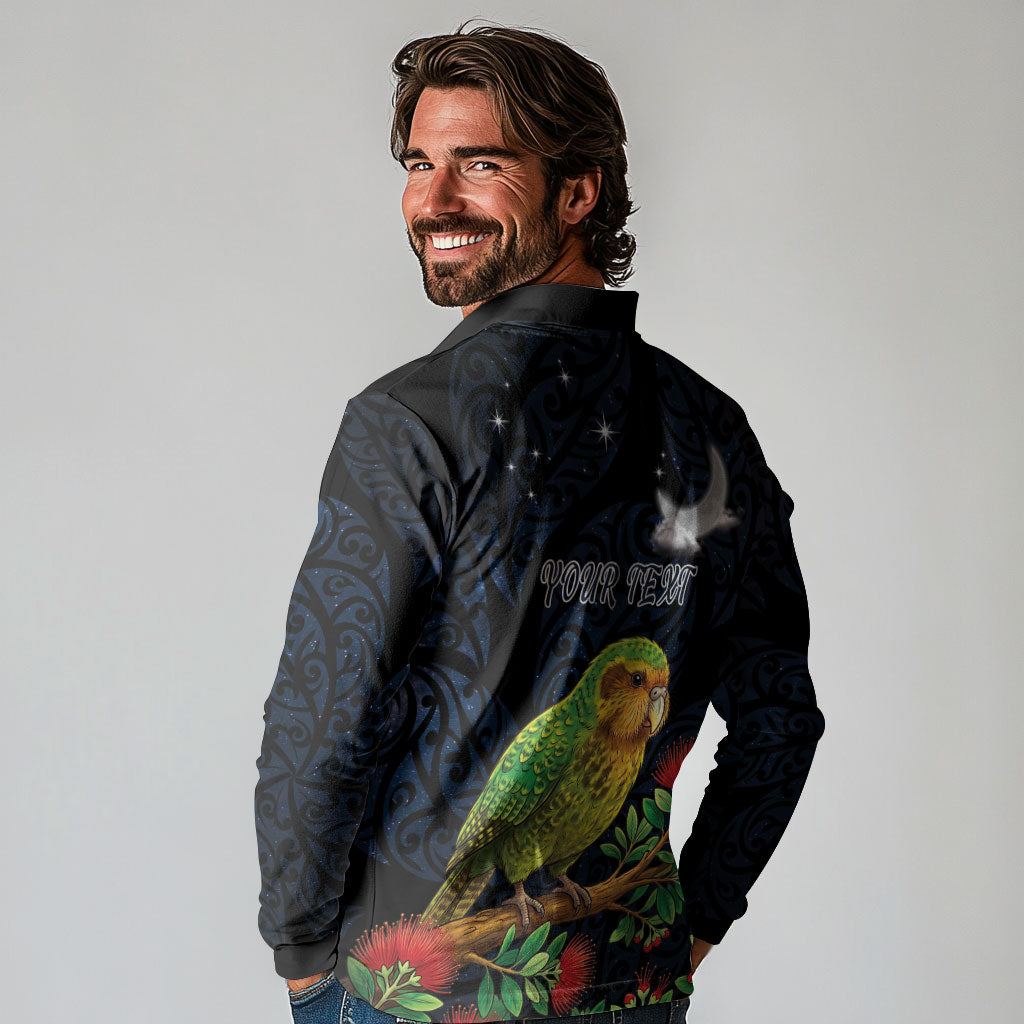 New Zealand Kakapo Matariki Personalised Long Sleeve Polo Shirt Pohutukawa Flower Galaxy Maori Pattern LT22 - Polynesian Pride
