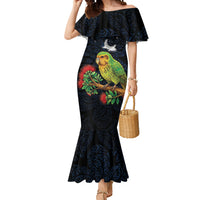 New Zealand Kakapo Matariki Personalised Mermaid Dress Pohutukawa Flower Galaxy Maori Pattern LT22 Women Black - Polynesian Pride