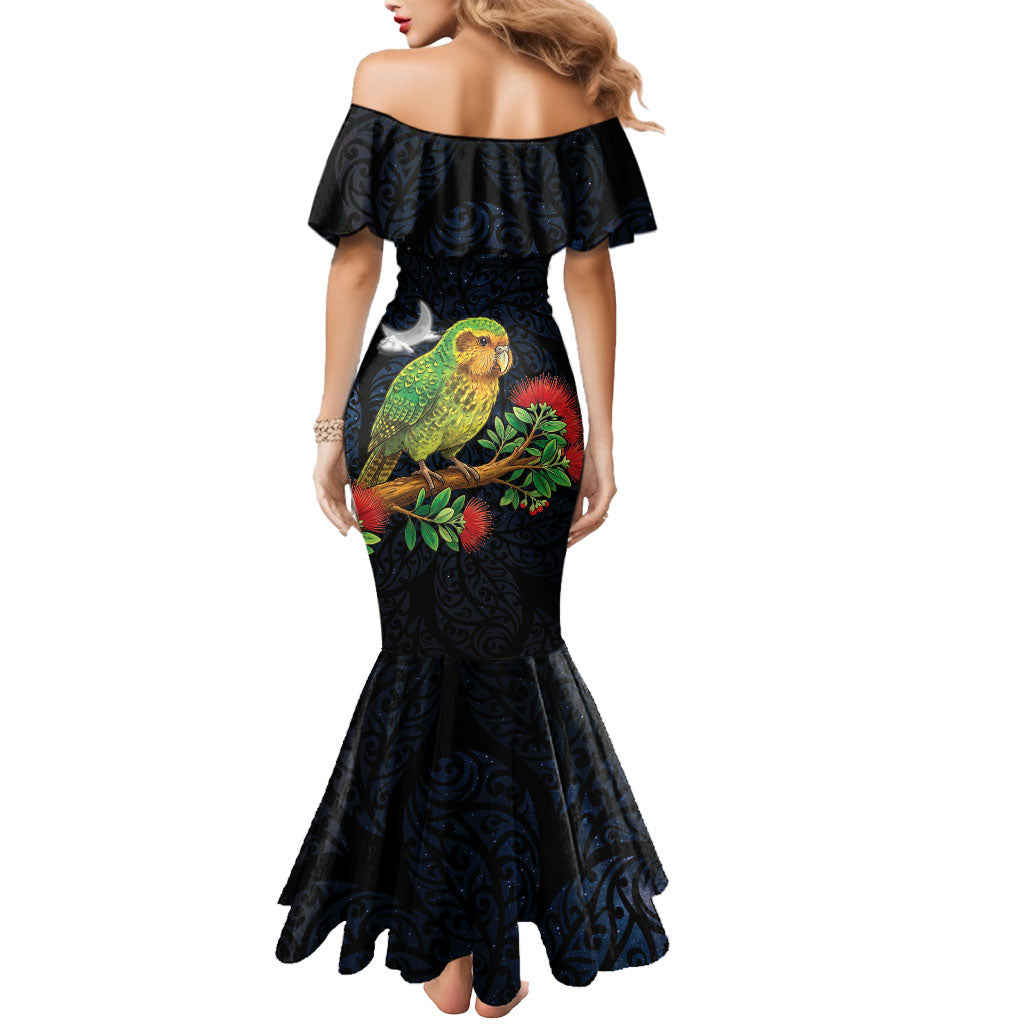 New Zealand Kakapo Matariki Personalised Mermaid Dress Pohutukawa Flower Galaxy Maori Pattern LT22 - Polynesian Pride