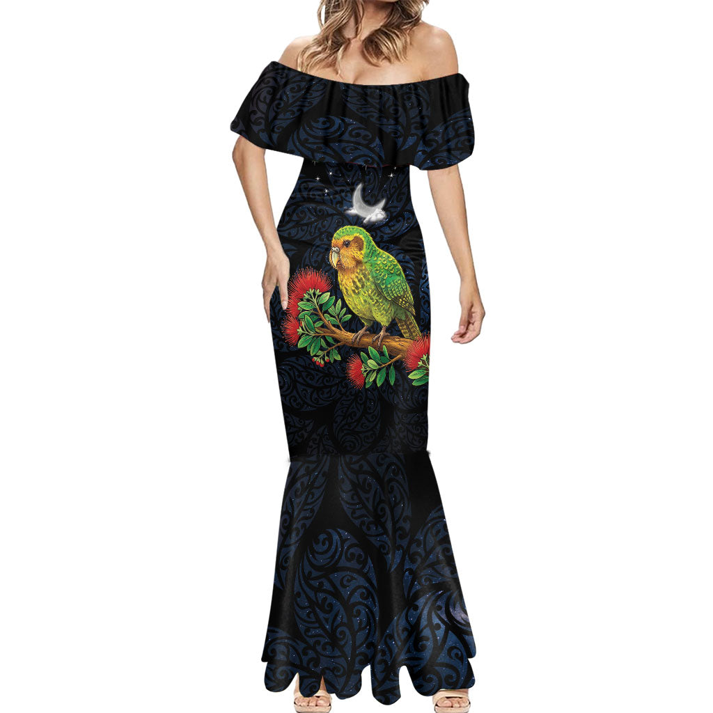 New Zealand Kakapo Matariki Personalised Mermaid Dress Pohutukawa Flower Galaxy Maori Pattern LT22 - Polynesian Pride