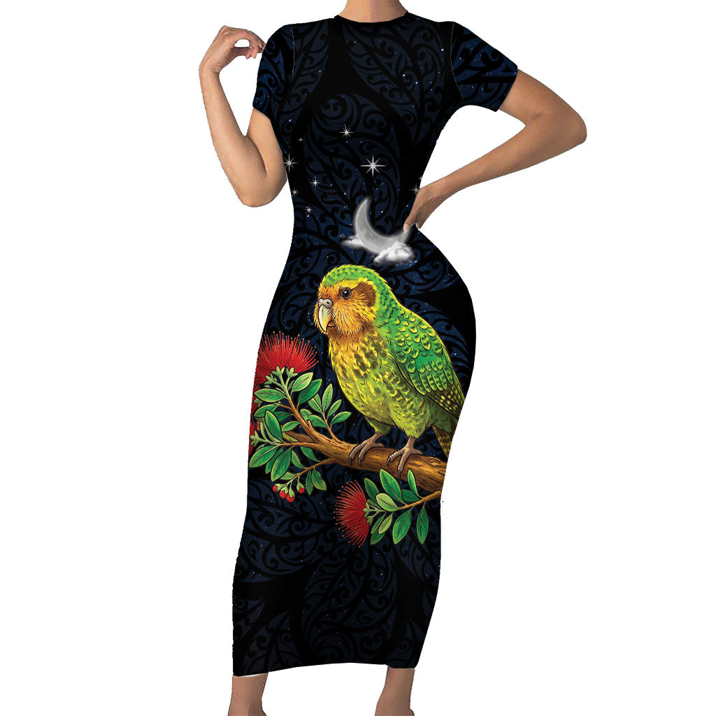 New Zealand Kakapo Matariki Personalised Short Sleeve Bodycon Dress Pohutukawa Flower Galaxy Maori Pattern