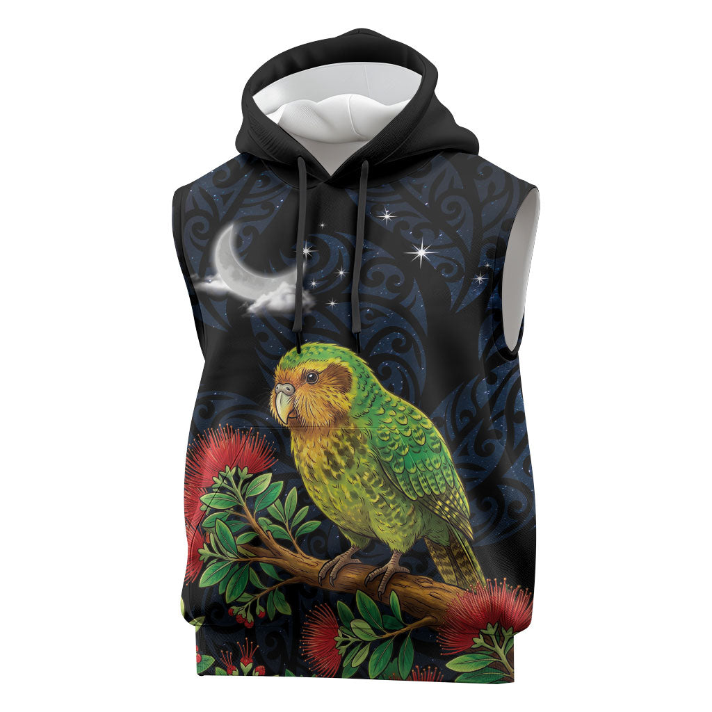 New Zealand Kakapo Matariki Personalised Sleeveless Hoodie Pohutukawa Flower Galaxy Maori Pattern LT22 Black - Polynesian Pride