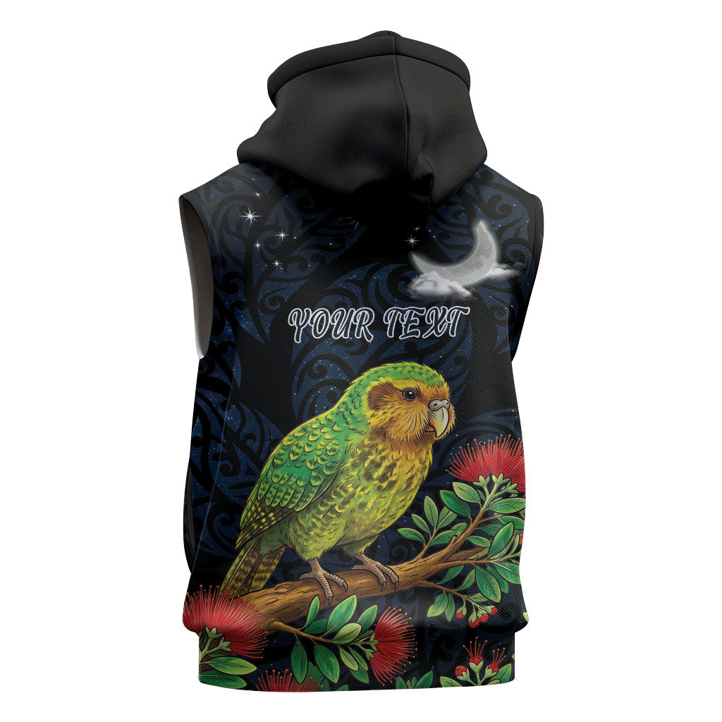 New Zealand Kakapo Matariki Personalised Sleeveless Hoodie Pohutukawa Flower Galaxy Maori Pattern LT22 - Polynesian Pride