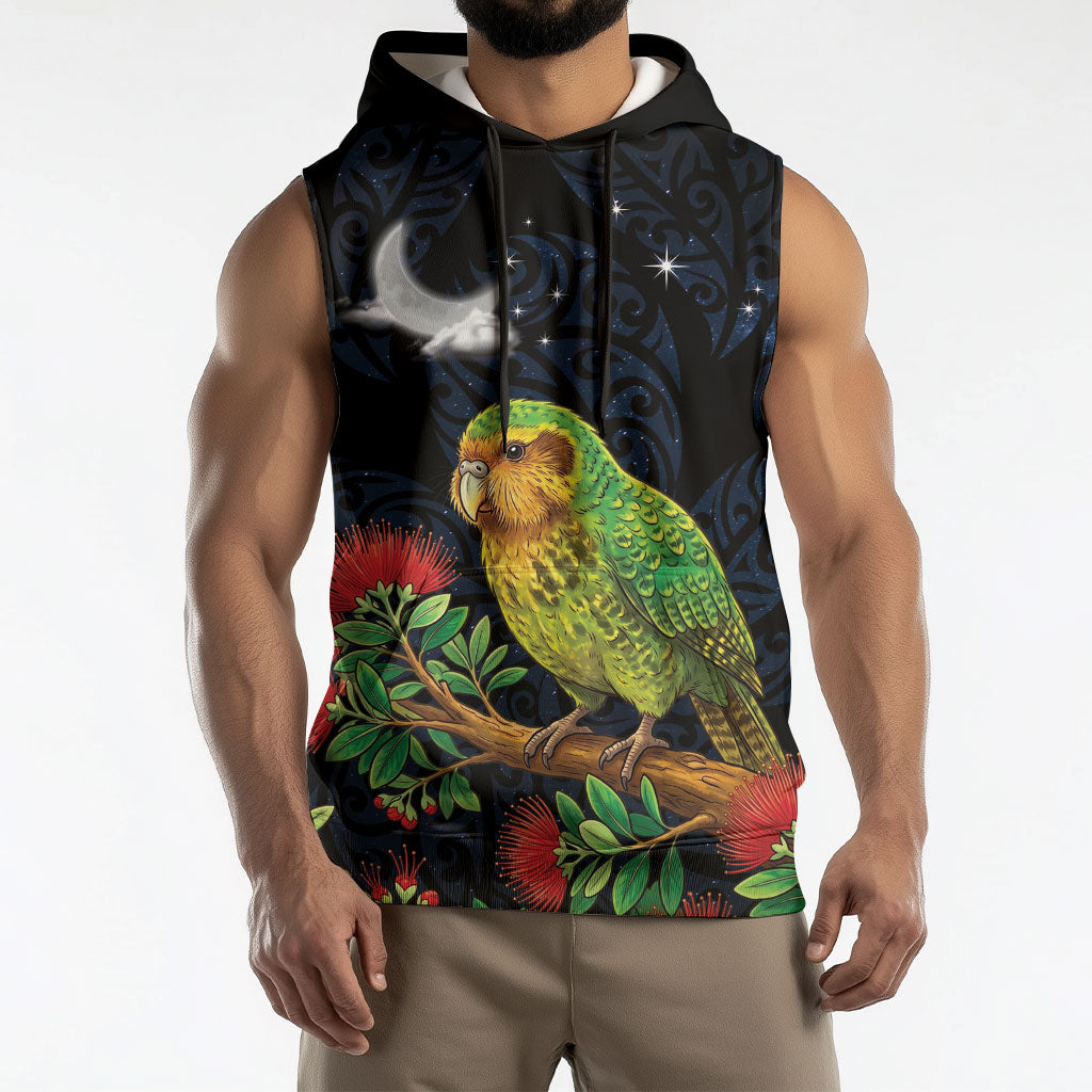 New Zealand Kakapo Matariki Personalised Sleeveless Hoodie Pohutukawa Flower Galaxy Maori Pattern LT22 - Polynesian Pride