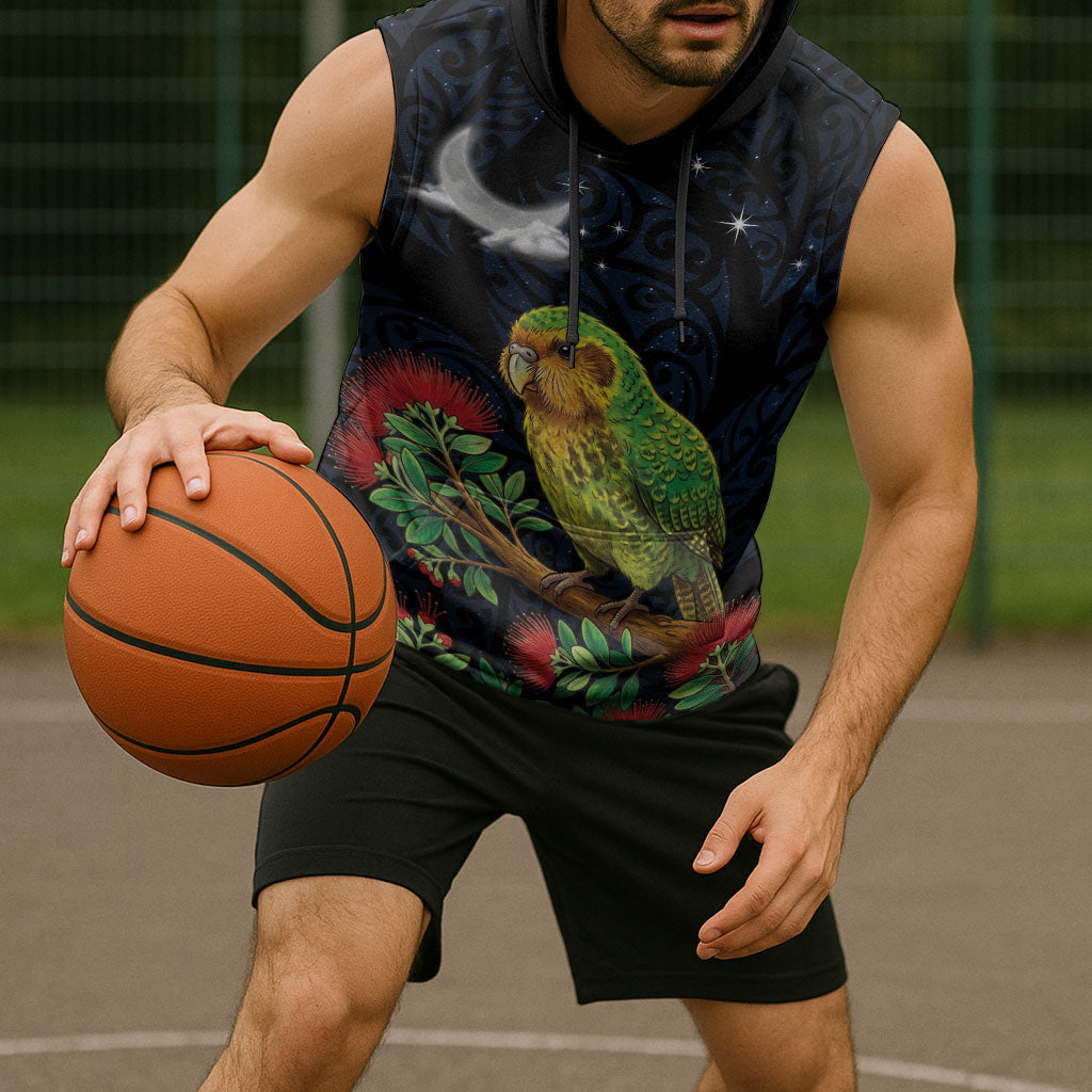 New Zealand Kakapo Matariki Personalised Sleeveless Hoodie Pohutukawa Flower Galaxy Maori Pattern LT22 - Polynesian Pride