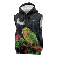 New Zealand Kakapo Matariki Personalised Sleeveless Zip Hoodie Pohutukawa Flower Galaxy Maori Pattern LT22 Black - Polynesian Pride