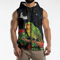 New Zealand Kakapo Matariki Personalised Sleeveless Zip Hoodie Pohutukawa Flower Galaxy Maori Pattern LT22 - Polynesian Pride