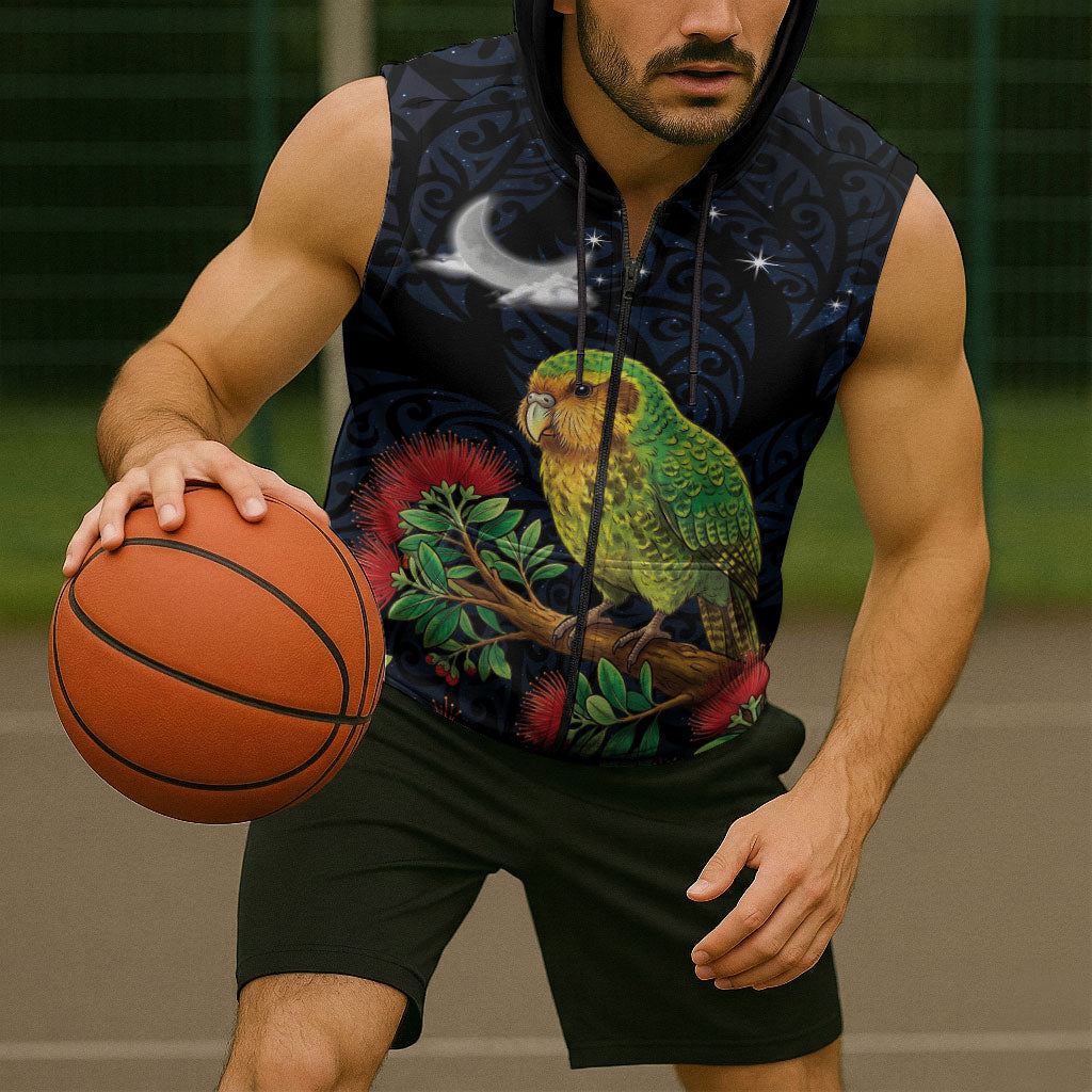 New Zealand Kakapo Matariki Personalised Sleeveless Zip Hoodie Pohutukawa Flower Galaxy Maori Pattern LT22 - Polynesian Pride