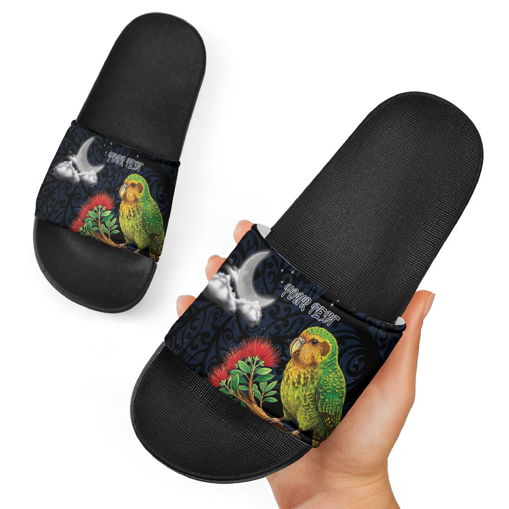 New Zealand Kakapo Matariki Personalised Slide Sandals Pohutukawa Flower Galaxy Maori Pattern