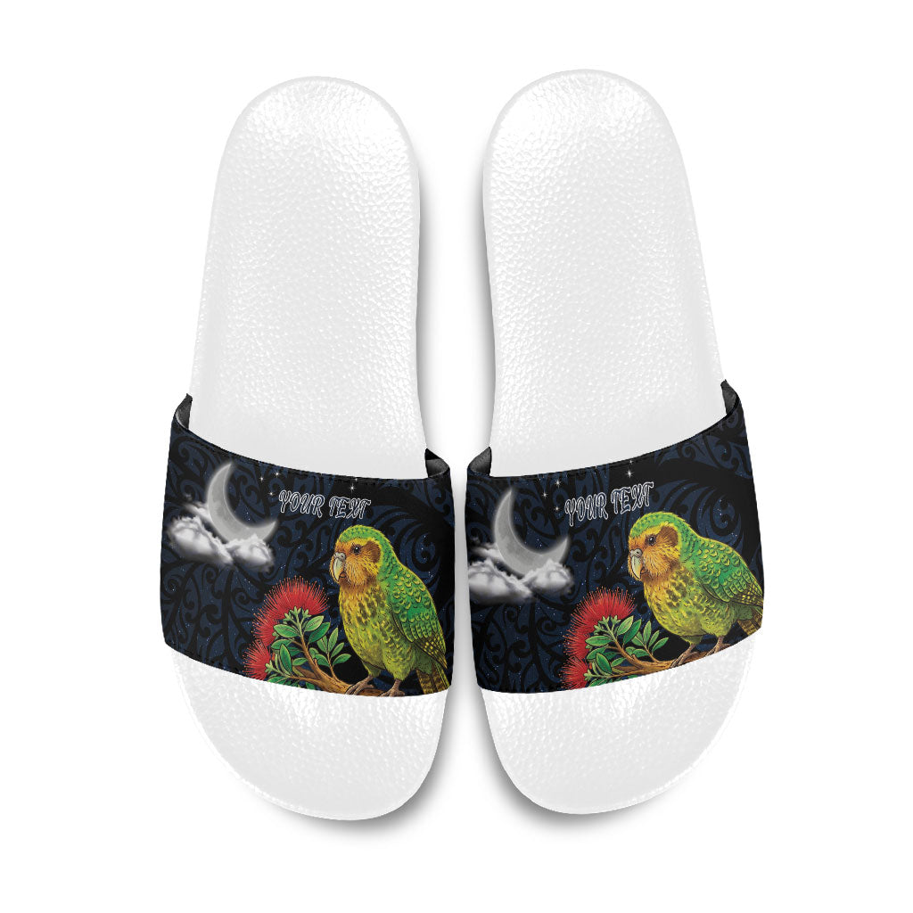 New Zealand Kakapo Matariki Personalised Slide Sandals Pohutukawa Flower Galaxy Maori Pattern