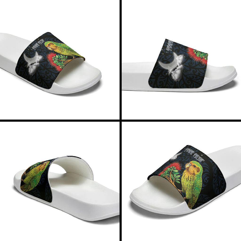 New Zealand Kakapo Matariki Personalised Slide Sandals Pohutukawa Flower Galaxy Maori Pattern