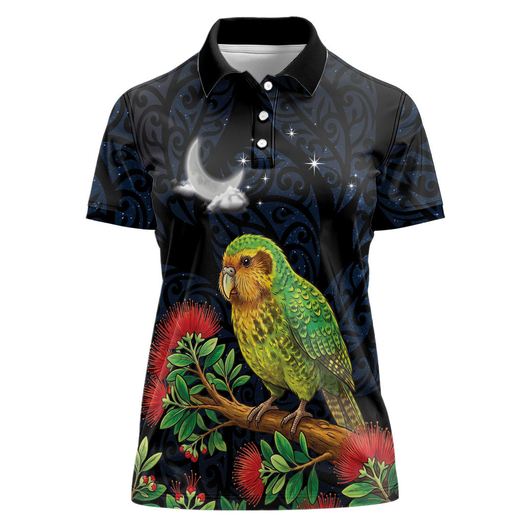 New Zealand Kakapo Matariki Personalised Women Polo Shirt Pohutukawa Flower Galaxy Maori Pattern