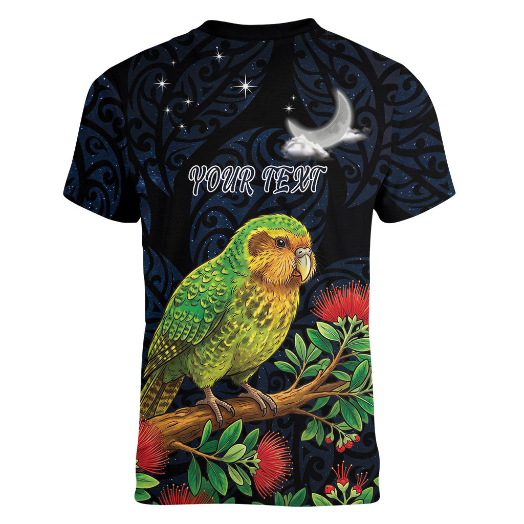 New Zealand Kakapo Matariki Personalised Women V-Neck T-Shirt Pohutukawa Flower Galaxy Maori Pattern