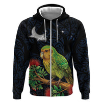 New Zealand Kakapo Matariki Personalised Zip Hoodie Pohutukawa Flower Galaxy Maori Pattern LT22 Zip Hoodie Black - Polynesian Pride