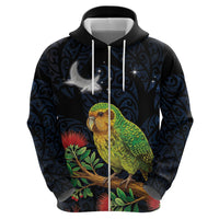 New Zealand Kakapo Matariki Personalised Zip Hoodie Pohutukawa Flower Galaxy Maori Pattern LT22 - Polynesian Pride
