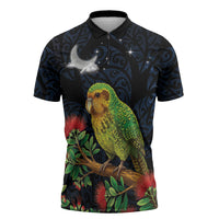 New Zealand Kakapo Matariki Personalised Zipper Polo Shirt Pohutukawa Flower Galaxy Maori Pattern LT22 Black - Polynesian Pride