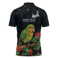 New Zealand Kakapo Matariki Personalised Zipper Polo Shirt Pohutukawa Flower Galaxy Maori Pattern LT22 - Polynesian Pride