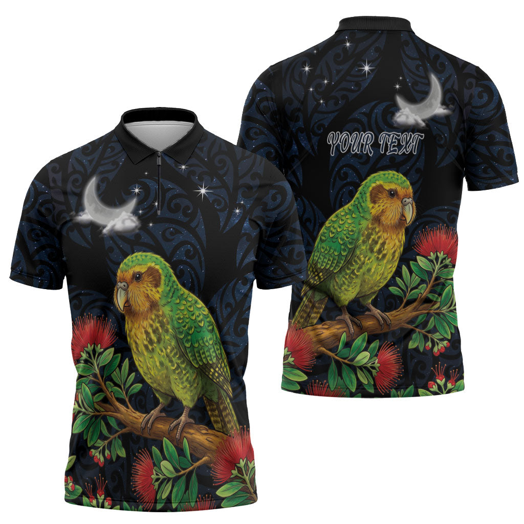 New Zealand Kakapo Matariki Personalised Zipper Polo Shirt Pohutukawa Flower Galaxy Maori Pattern LT22 - Polynesian Pride