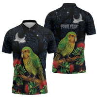 New Zealand Kakapo Matariki Personalised Zipper Polo Shirt Pohutukawa Flower Galaxy Maori Pattern LT22 - Polynesian Pride
