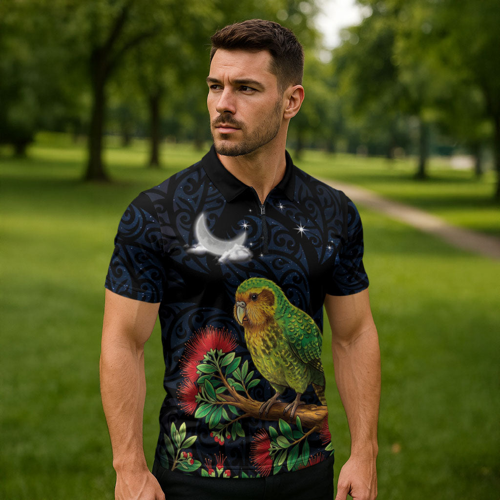 New Zealand Kakapo Matariki Personalised Zipper Polo Shirt Pohutukawa Flower Galaxy Maori Pattern LT22 - Polynesian Pride