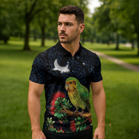 New Zealand Kakapo Matariki Personalised Zipper Polo Shirt Pohutukawa Flower Galaxy Maori Pattern LT22 - Polynesian Pride