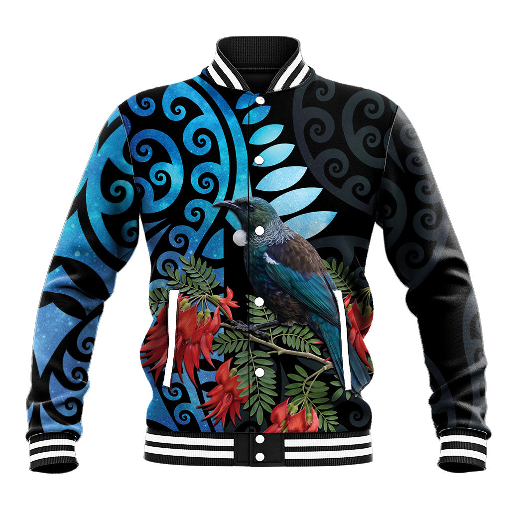 Tui Bird Kakabeak New Zealand Baseball Jacket Clianthus Galaxy Maori Koru Pattern
