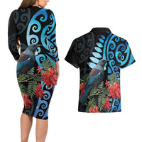 Tui Bird Kakabeak New Zealand Couples Matching Long Sleeve Bodycon Dress and Hawaiian Shirt Clianthus Galaxy Maori Koru Pattern
