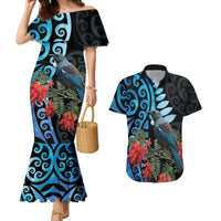 Tui Bird Kakabeak New Zealand Couples Matching Mermaid Dress and Hawaiian Shirt Clianthus Galaxy Maori Koru Pattern