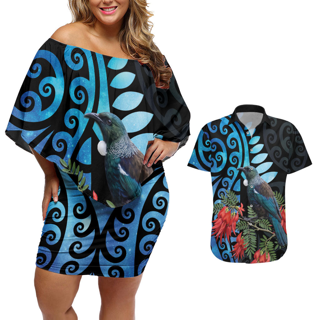 Tui Bird Kakabeak New Zealand Couples Matching Off Shoulder Short Dress and Hawaiian Shirt Clianthus Galaxy Maori Koru Pattern