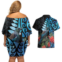 Tui Bird Kakabeak New Zealand Couples Matching Off Shoulder Short Dress and Hawaiian Shirt Clianthus Galaxy Maori Koru Pattern