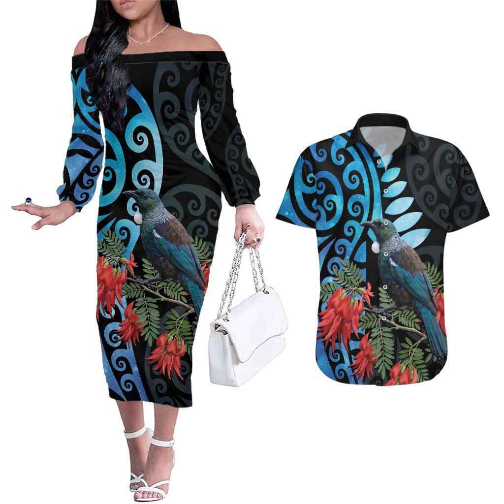 Tui Bird Kakabeak New Zealand Couples Matching Off The Shoulder Long Sleeve Dress and Hawaiian Shirt Clianthus Galaxy Maori Koru Pattern LT22 Blue - Polynesian Pride
