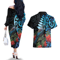 Tui Bird Kakabeak New Zealand Couples Matching Off The Shoulder Long Sleeve Dress and Hawaiian Shirt Clianthus Galaxy Maori Koru Pattern LT22 - Polynesian Pride