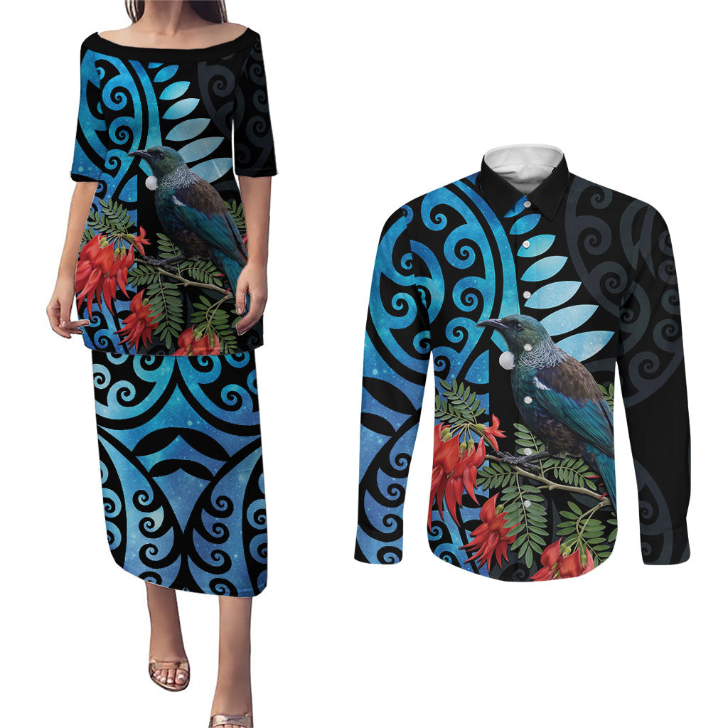 Tui Bird Kakabeak New Zealand Couples Matching Puletasi and Long Sleeve Button Shirt Clianthus Galaxy Maori Koru Pattern LT22 Blue - Polynesian Pride